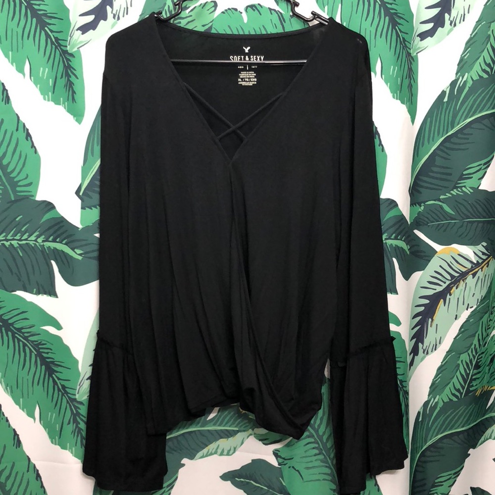 Cross Front Soft and Sexy T Black Bell Sleeve